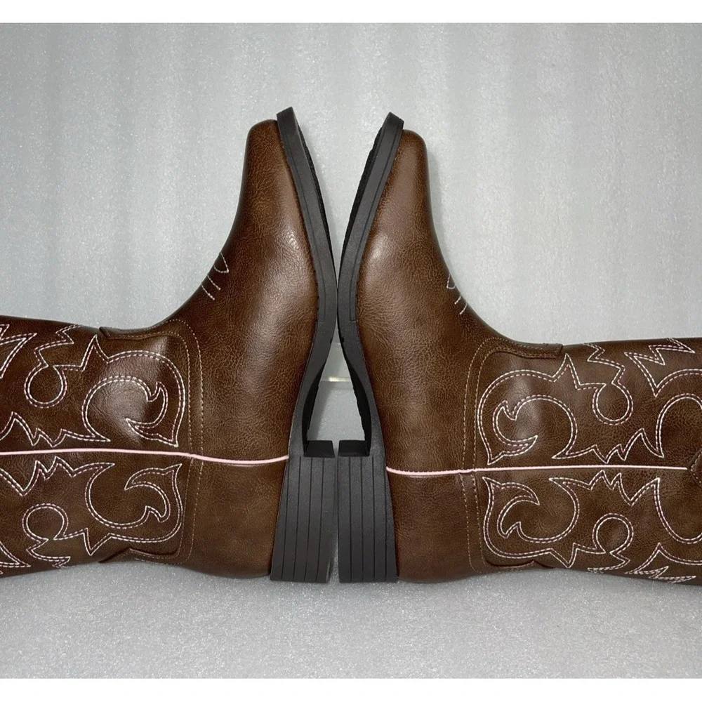 Wonder‎ Nation Brown Pull-on Square Toe Cowboy Cowgirl Boots Big Girls Size 5